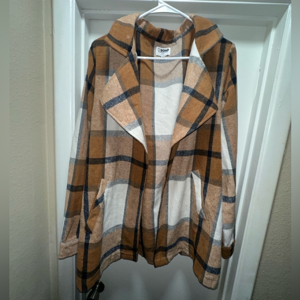🍁 Ci Sono Plaid Shacket Jacket XXL | Tan Cream Check | Soft Brushed Fall Layer 🍁 - Picture 2 of 7
